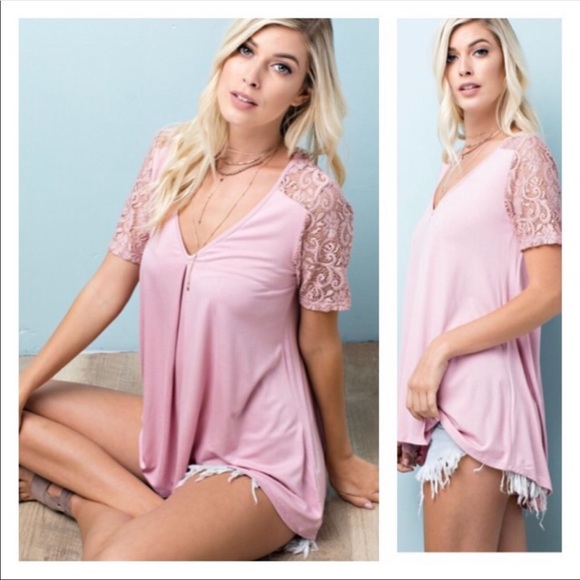 SwankStyles Tops - Blush Pink Lace Sleeves Top